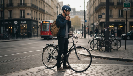 Un cycliste ajuste son casque en attendant au feu rouge, à un carrefour en ville.