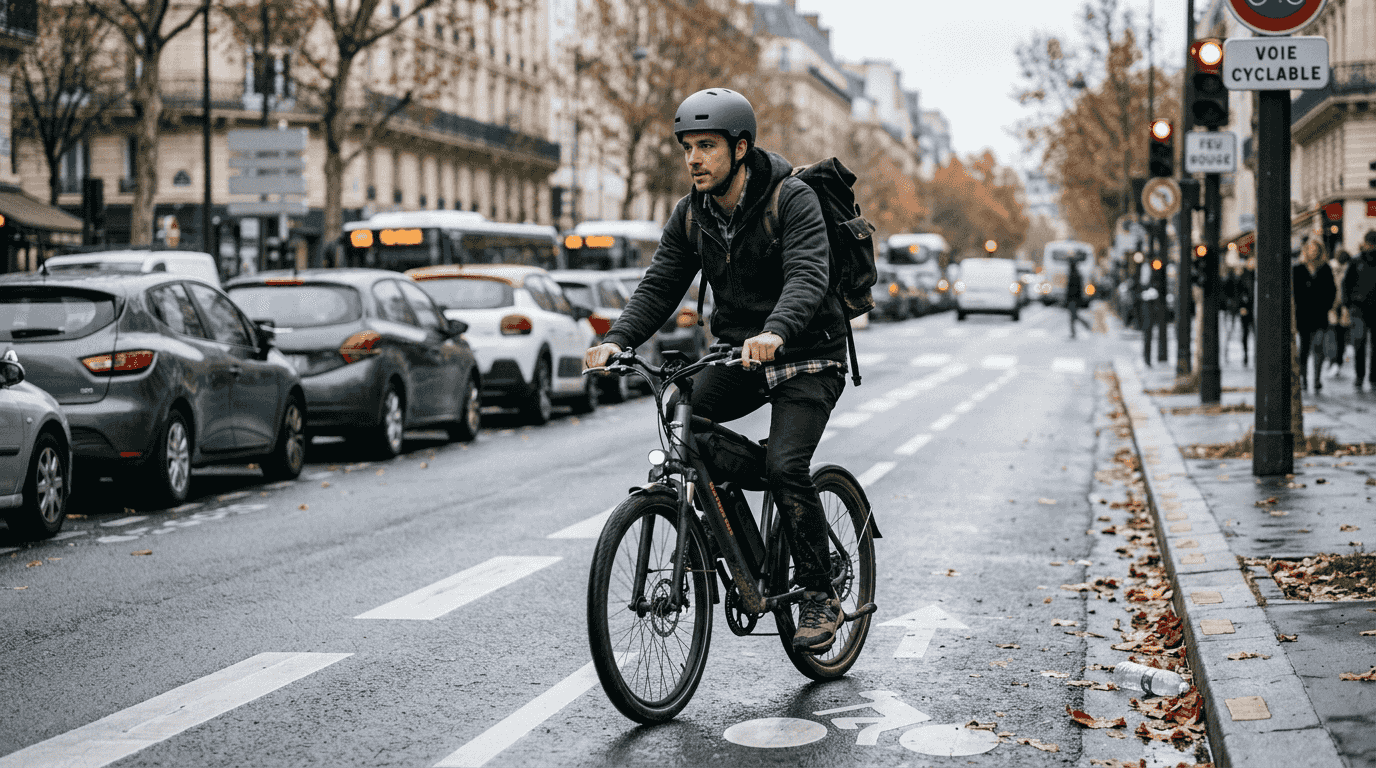 Un citadin circule à vélo électrique dans les rues de la ville.