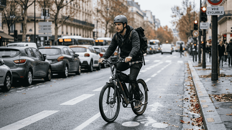 Un citadin circule à vélo électrique dans les rues de la ville.