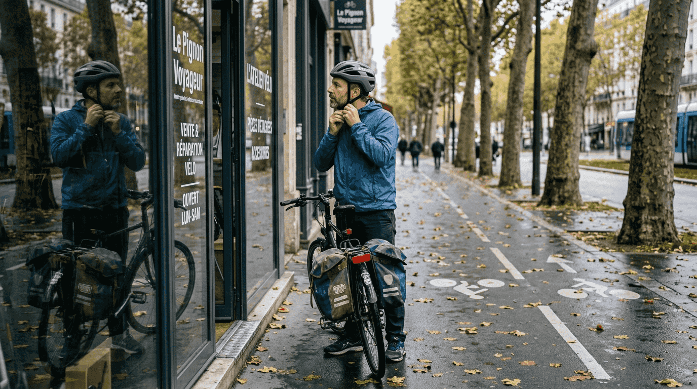 Un cycliste ajuste son casque avant de s’élancer sur une piste en ville.