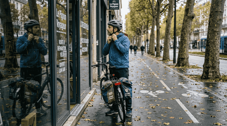Un cycliste ajuste son casque avant de s’élancer sur une piste en ville.