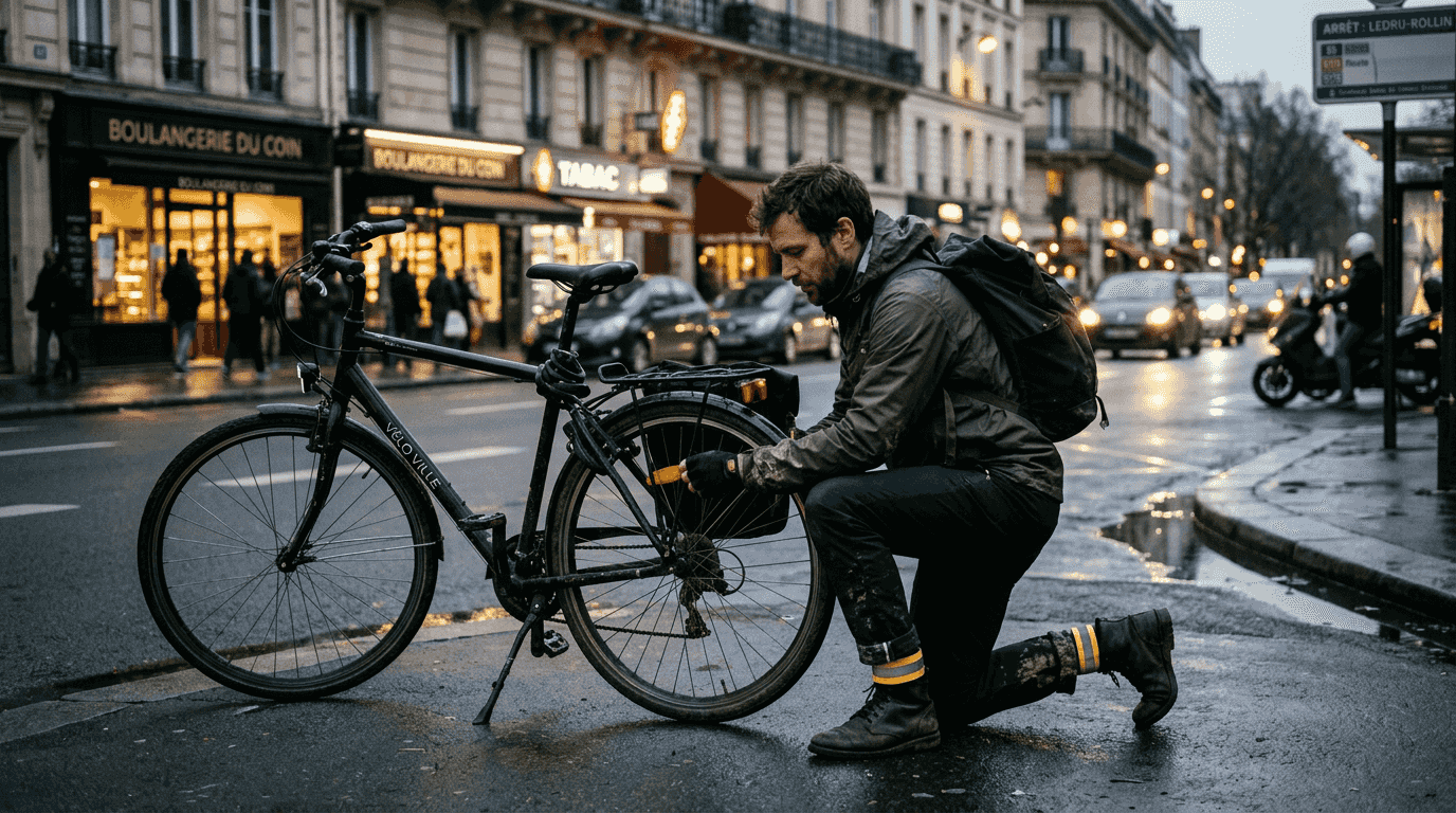 Un cycliste règle son catadioptre alors que la nuit commence à tomber sur une rue de la ville.