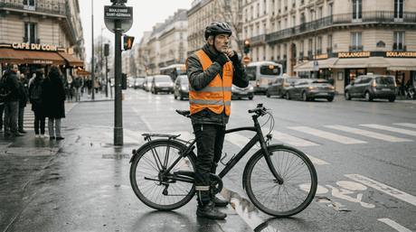 Un cycliste ajuste son casque au milieu d’un carrefour en ville.