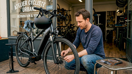 Un cycliste s'assure du bon fonctionnement des freins de son vélo électrique avant de prendre la route.
