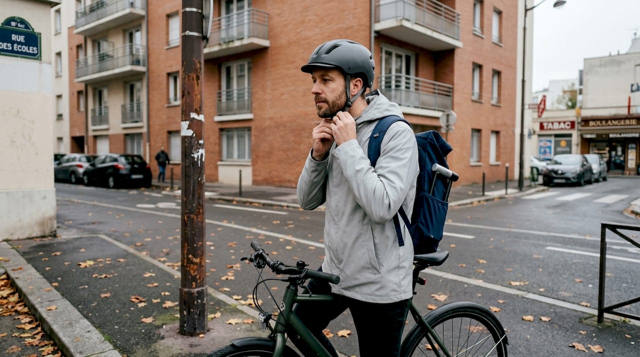 Un cycliste en ville règle son casque avant de s’élancer sur la piste.
