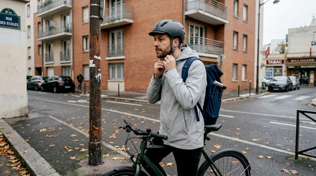 Un cycliste en ville règle son casque avant de s’élancer sur la piste.