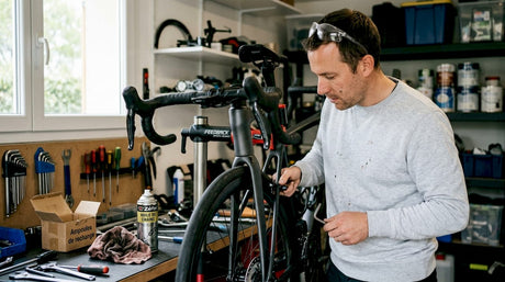 Un homme inspecte les freins de son vélo haut de gamme dans son garage, attentif aux moindres détails pour garantir leur bon fonctionnement.