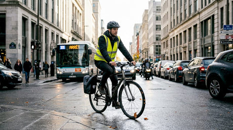 Un cycliste slalome entre voitures et piétons au cœur d’un carrefour bouillonnant en ville.