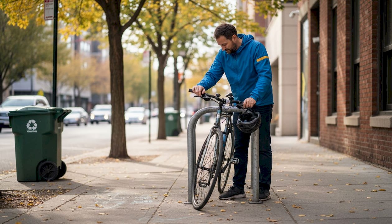 Urban commuter cyclist performs pre-ride safety check