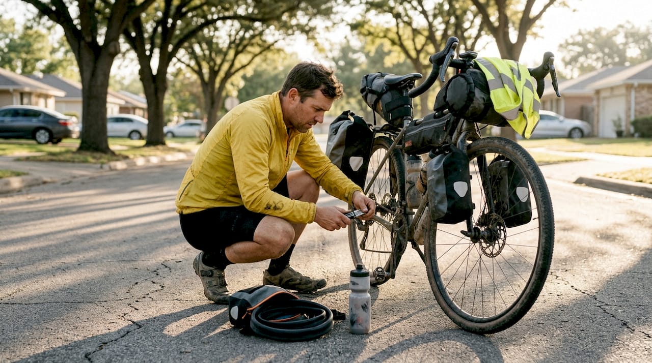 Ultracyclist checking bike tools roadside