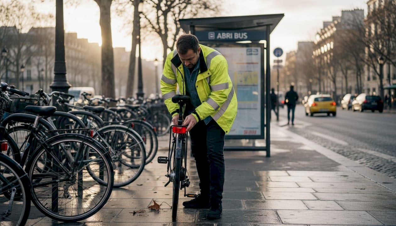 Un cycliste urbain vérifie le bon fonctionnement du catadioptre de son vélo sur le trottoir.