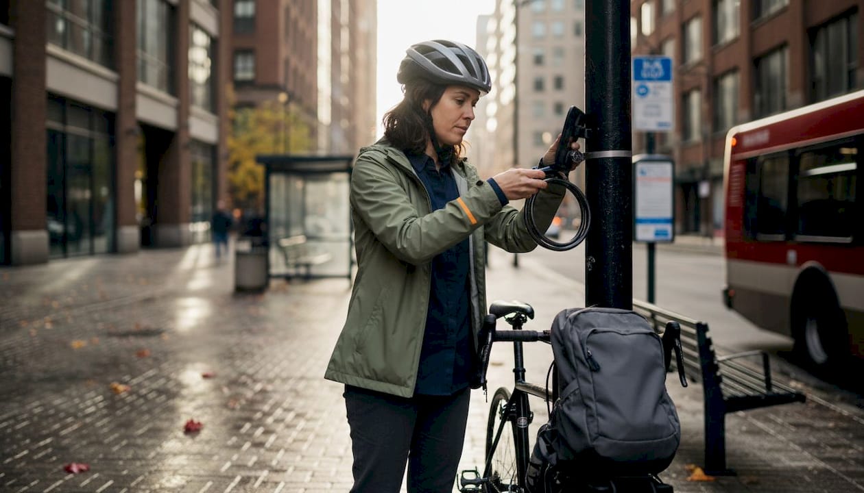 Urban cyclist adjusting helmet at bike rack