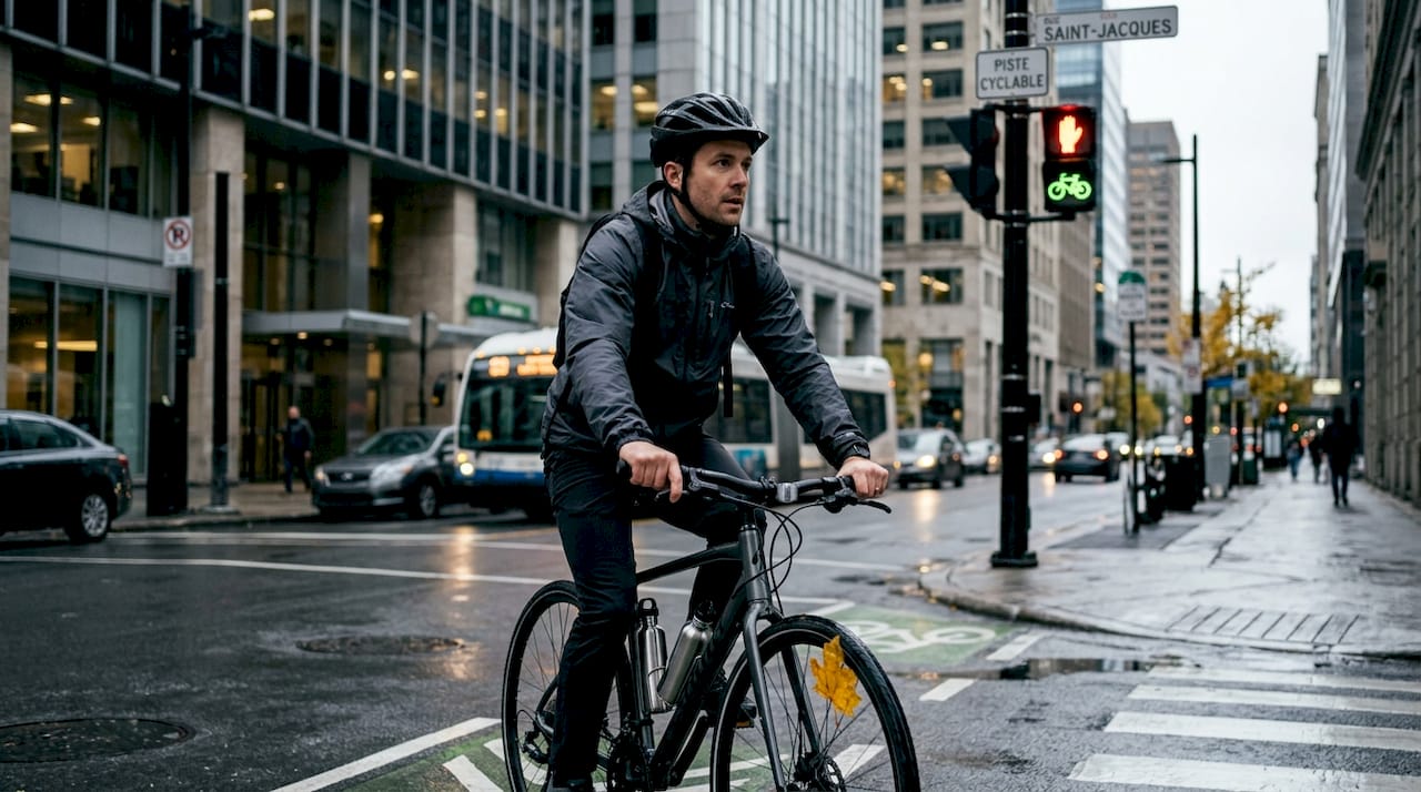 Un cycliste traverse la ville à vélo, casque sur la tête, pour se rendre au travail.