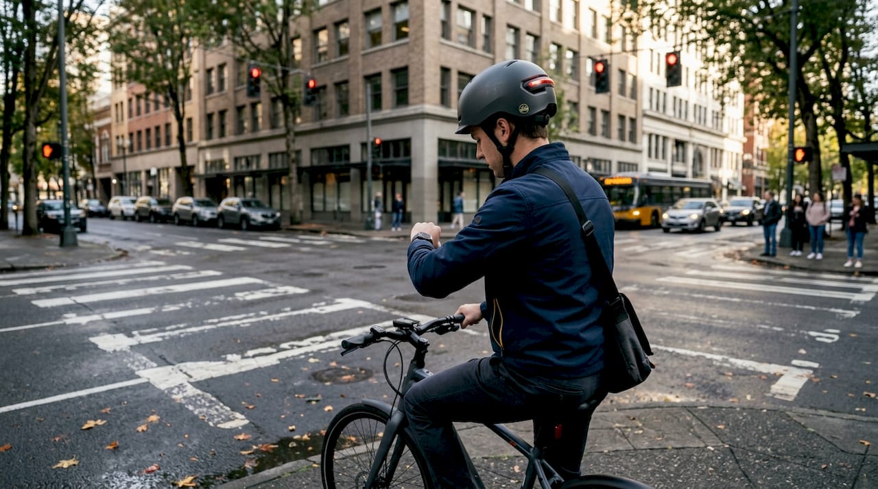 E-bike commuter wearing advanced helmet