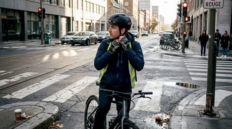 Un cycliste ajuste son casque avant de s’élancer dans les rues de la ville.