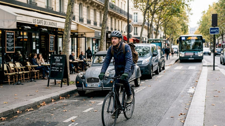 Un cycliste en ville, casque sur la tête, traverse la rue.