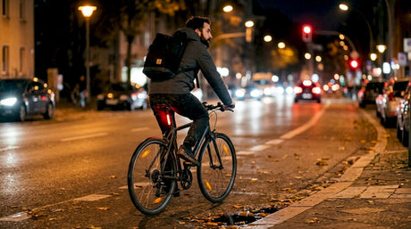 Urban cyclist at night with visible bike reflectors