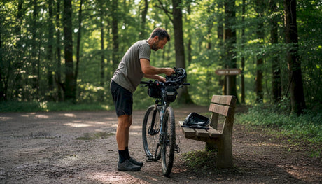 Un cycliste s’assure que tout est bien en place dans ses sacoches avant de prendre la route.