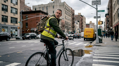 Urban cyclist checking traffic at city intersection