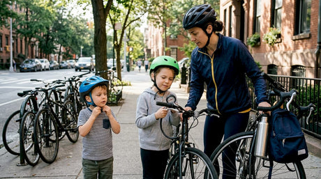 Family checks bikes for urban cycling safety