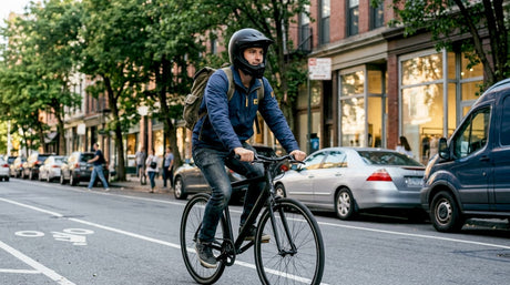 Urban cyclist using integral helmet city street