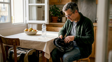 Un cycliste prend le temps d’examiner minutieusement son casque chez lui, histoire de s’assurer qu’il est en parfait état avant de repartir sur la route.