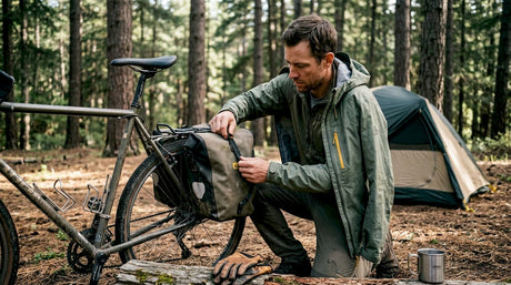 Bikepacker checking gear at pine forest camp