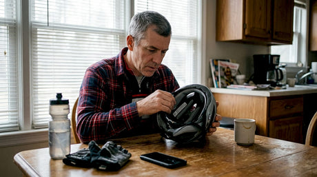 Un cycliste vérifie si son casque porte bien l’étiquette de conformité.