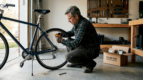 Person installing spoke reflector on bike in garage