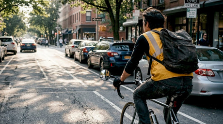 Urban cyclist using bar-end rear-view mirror