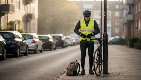 Un cycliste ajuste son gilet fluorescent avant de prendre la route, dans une rue paisible.