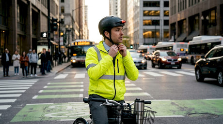 Urban cyclist adjusting helmet at crosswalk