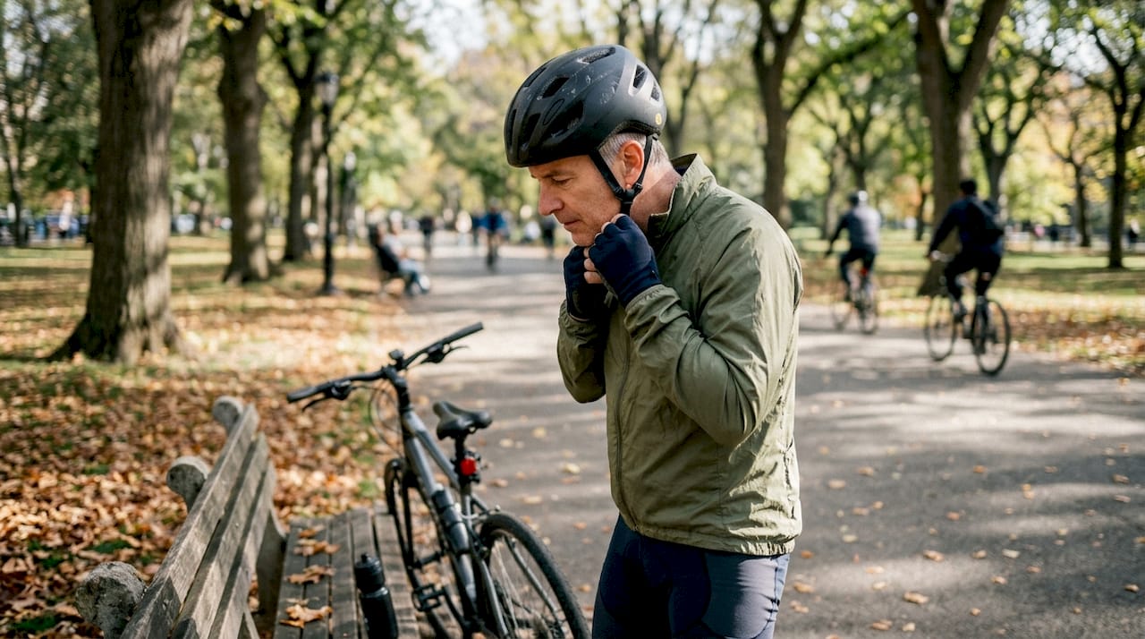 Un cycliste règle son casque dernier cri avant de partir s’entraîner dans un parc urbain.