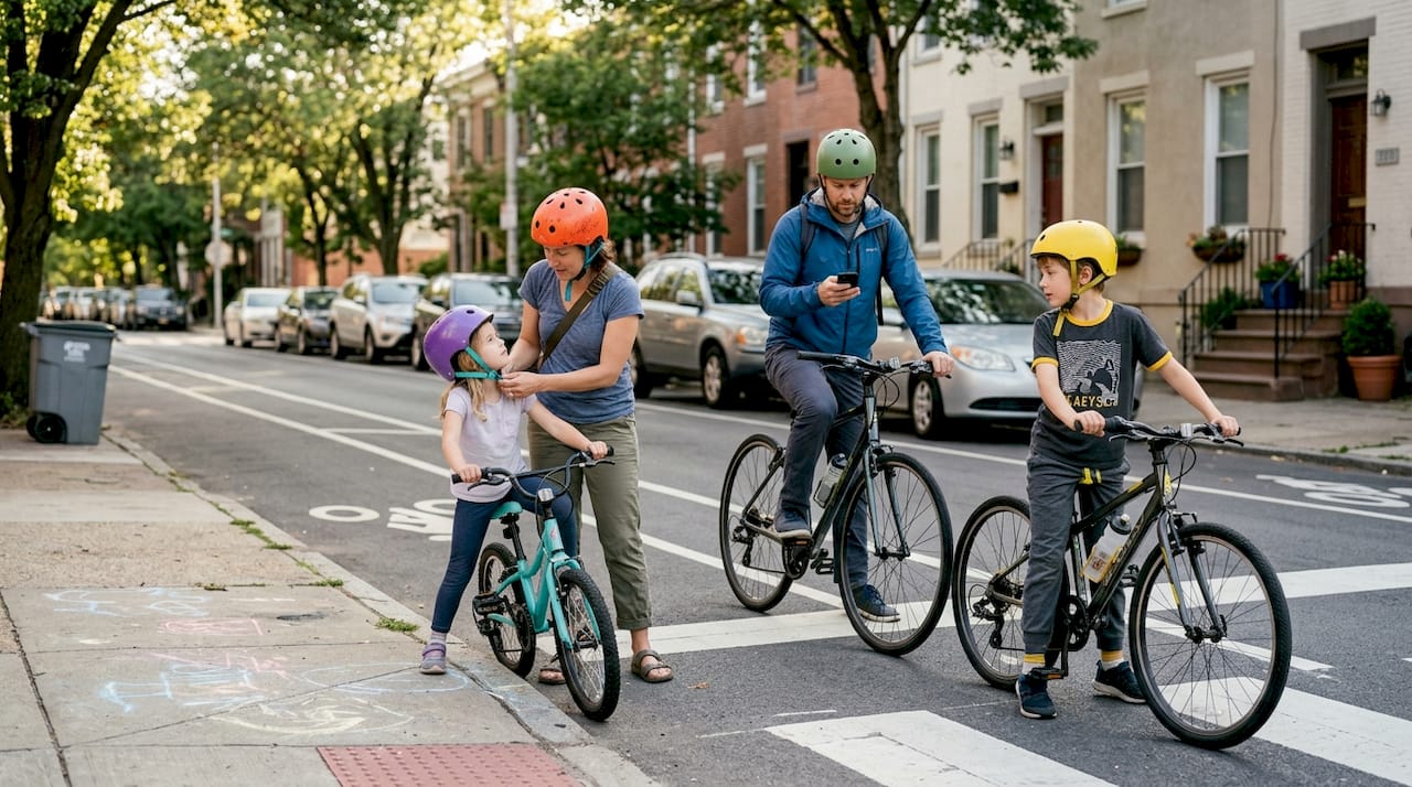 Family adjusting helmets for city bike commute