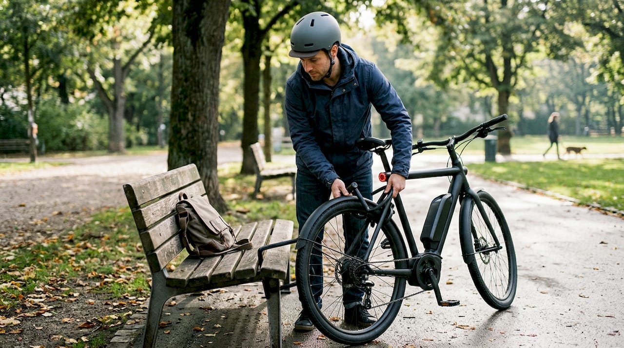 Un cycliste attache soigneusement son vélo électrique à l’aide de plusieurs antivols dans un parc.