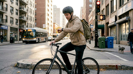City cyclist waiting with urban helmet