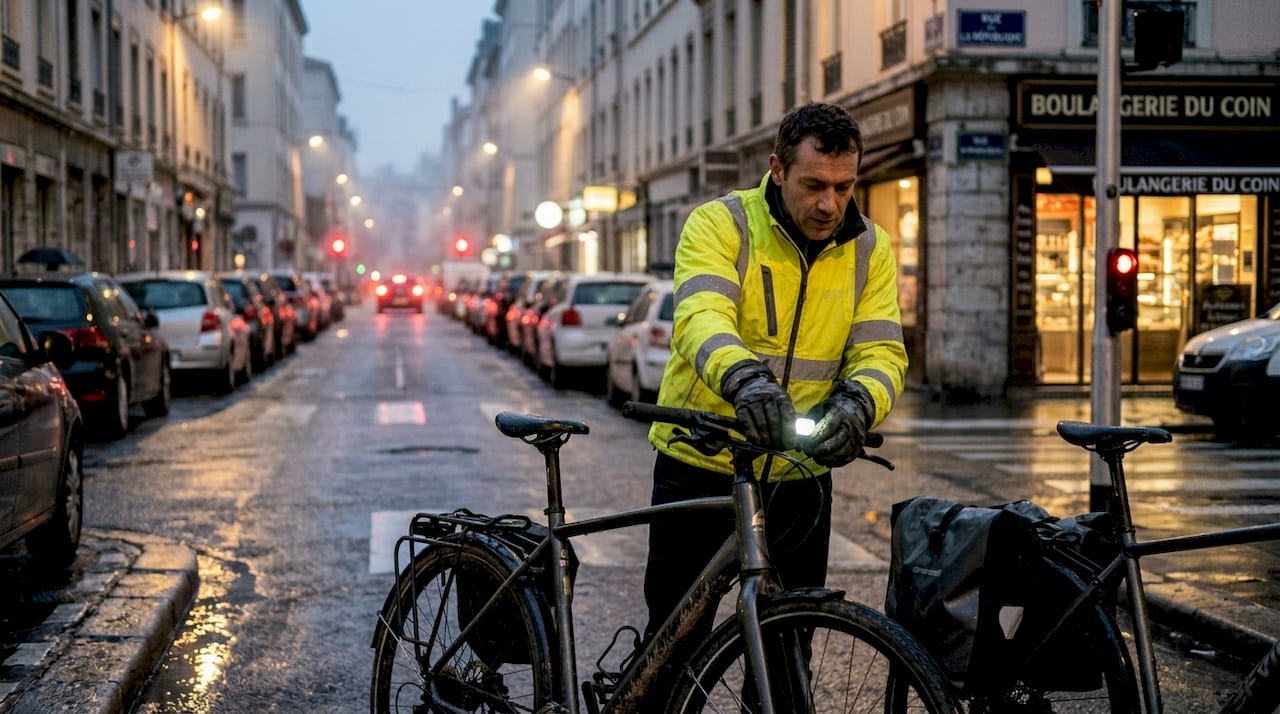 Un cycliste règle son éclairage avant en pleine ville, prêt à affronter la nuit urbaine.