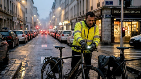 Un cycliste règle son éclairage avant en pleine ville, prêt à affronter la nuit urbaine.