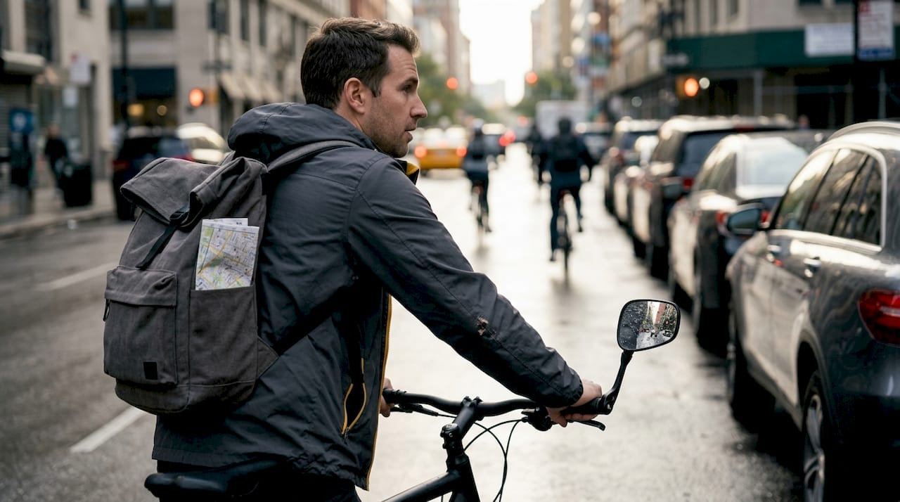 Cyclist checks premium bike mirror in city