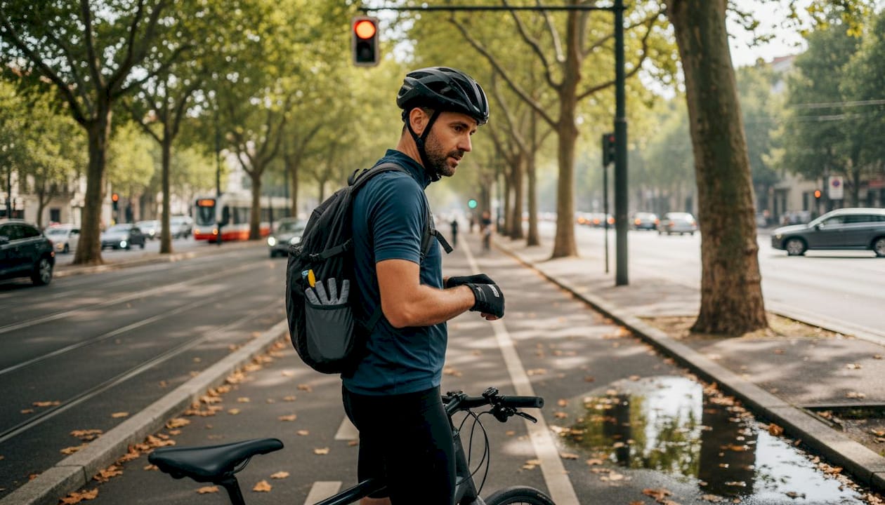 Un cycliste profite d’un arrêt au feu rouge pour jeter un œil à son matériel.
