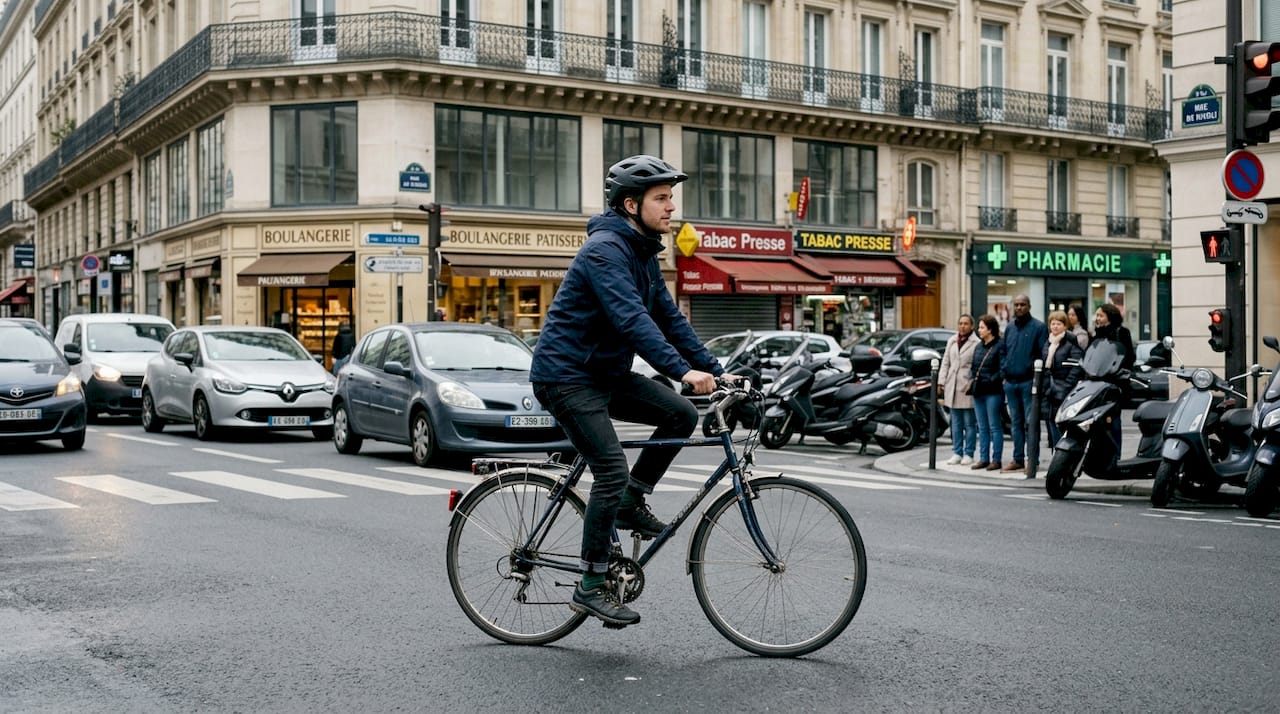 Un cycliste en ville, équipé d’un casque intégral, sillonne les rues urbaines.