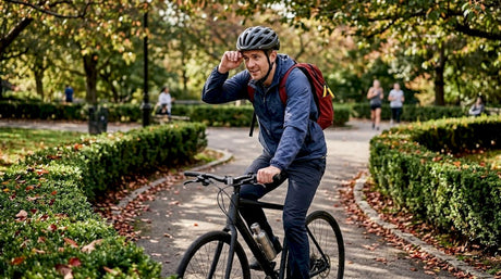Cyclist adjusting helmet in shady park