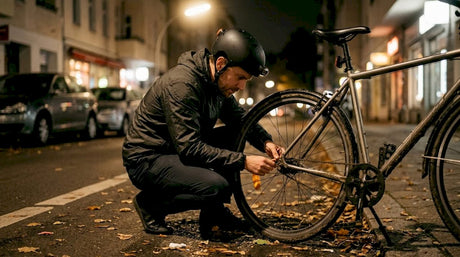 Un cycliste équipe son vélo d’un réflecteur avant de partir rouler la nuit.