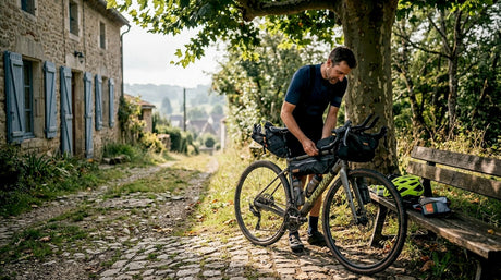 Aux premières lueurs du jour, un cycliste prépare son vélo de gravel en fixant soigneusement son équipement.