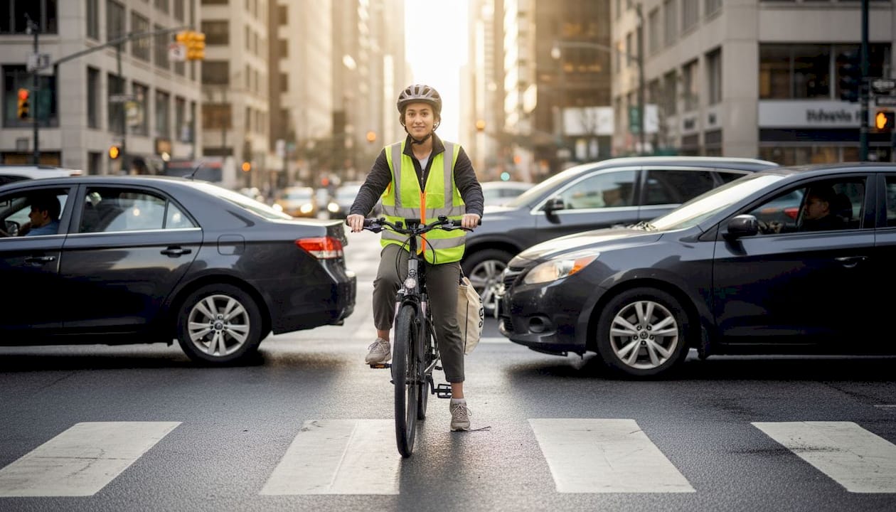 E-bike rider uses city crosswalk safely