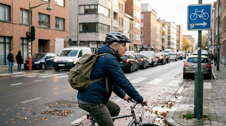 Un cycliste circule en ville, équipé d’un casque dernière génération.