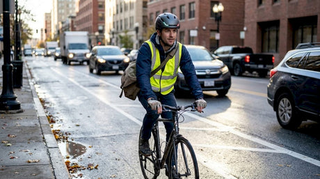 Un cycliste circule en ville, parfaitement équipé pour sa sécurité.