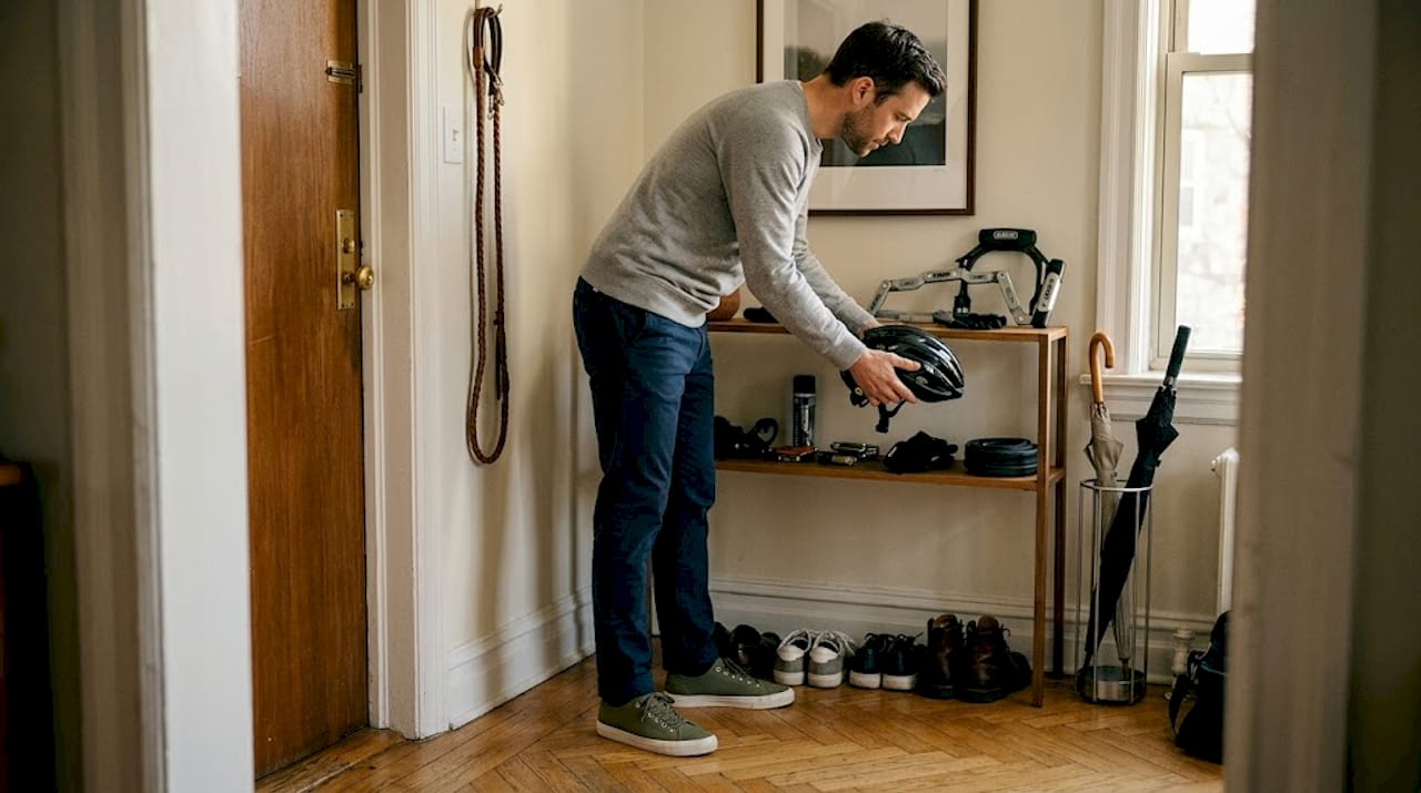 Un cycliste dépose ses affaires de vélo dans l’entrée.