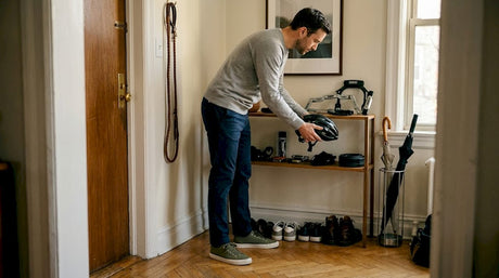 Un cycliste dépose ses affaires de vélo dans l’entrée.
