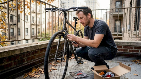 Un homme se prépare à installer des accessoires sur son vélo.